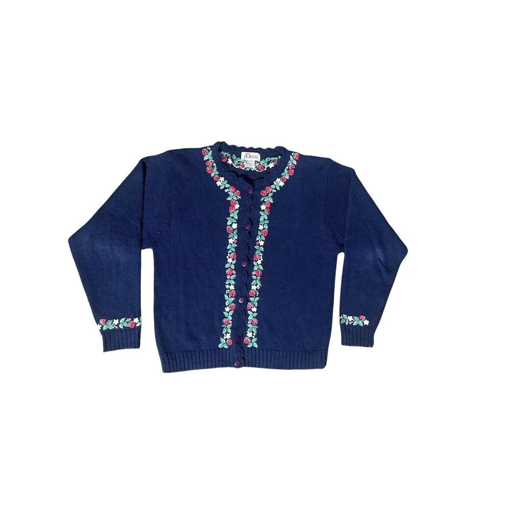 Vintage Orvis Navy Strawberry Vine Navy Cardigan Sweater Women’s Sz Large Floral